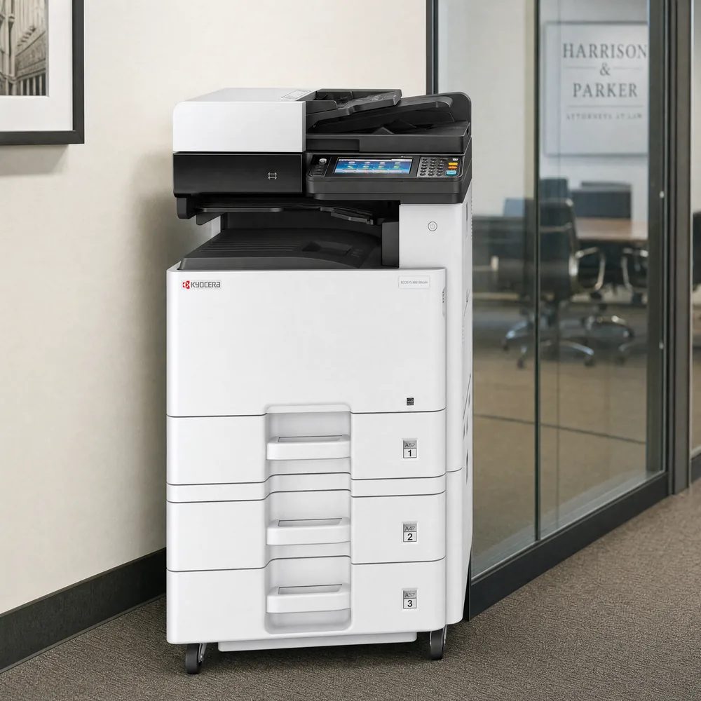 Kyocera colour multifunction printer standing outside a law firm boardroom