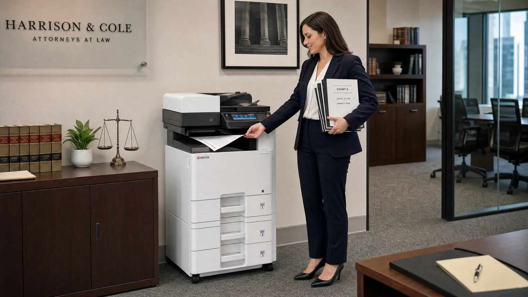 Solicitor collecting a printed page from a Kyocera multifunction printer while holding bound exhibit folders