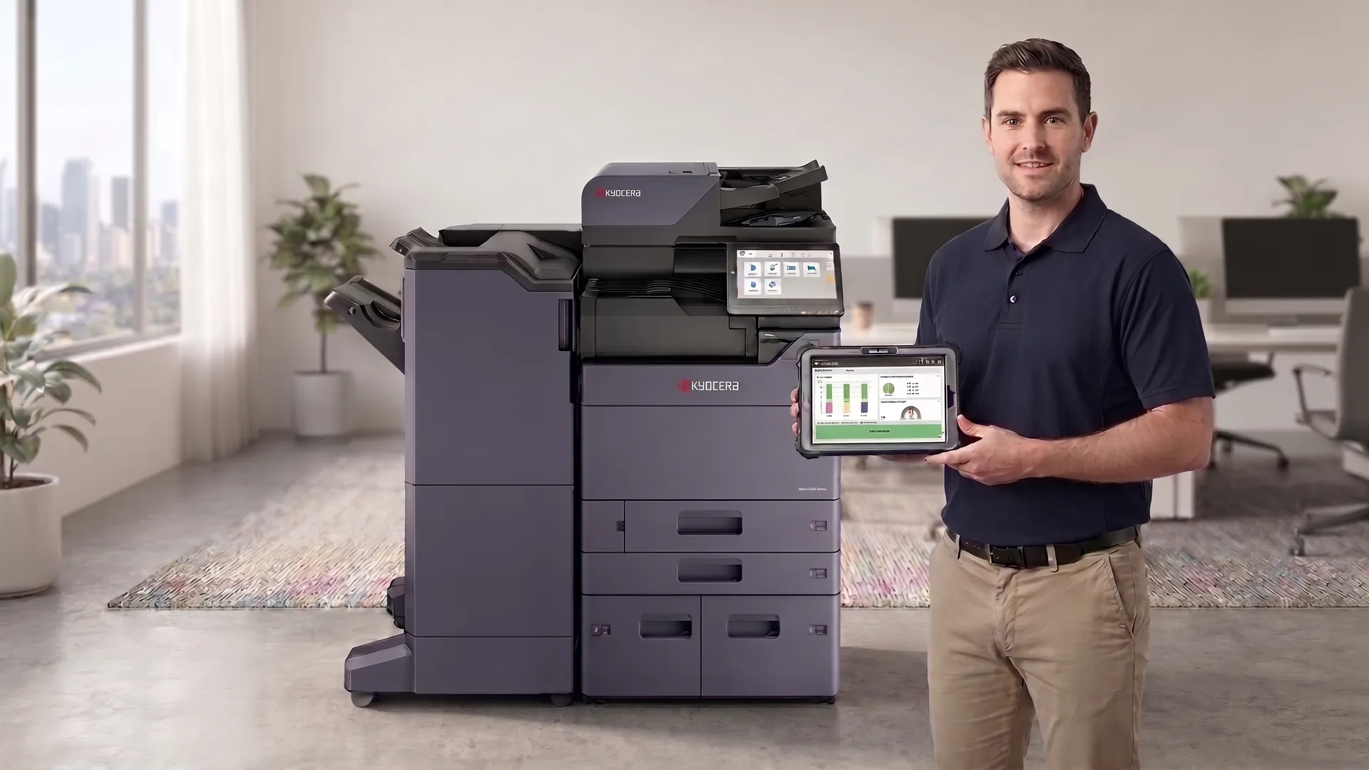 A Kyocera MZ2501ci service technician shows a managed print device status dashboard on a tablet in a modern Australian office