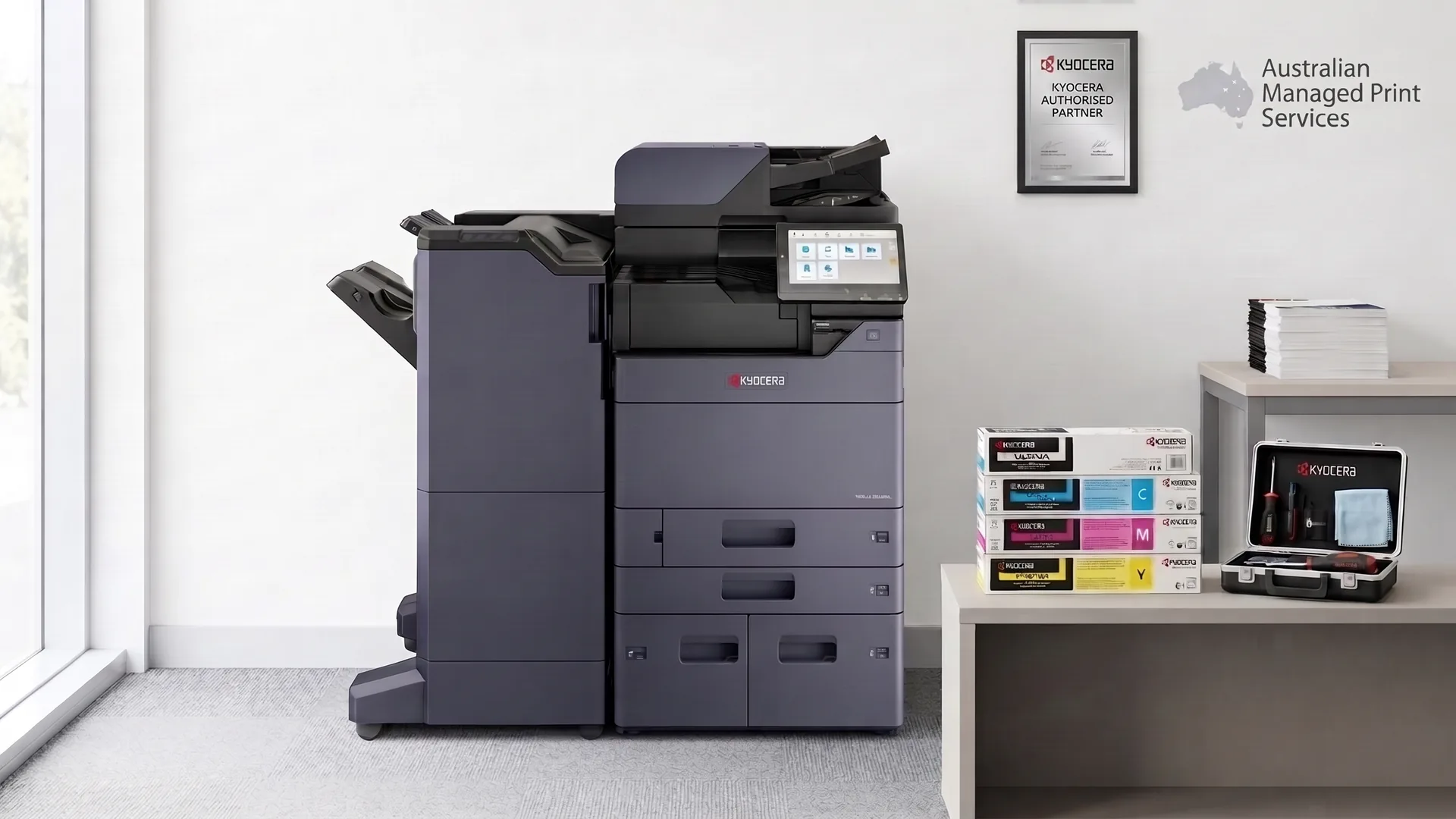 Kyocera MZ2501ci multifunction printer with toner cartridges and a service kit, covered by one managed print monthly fee