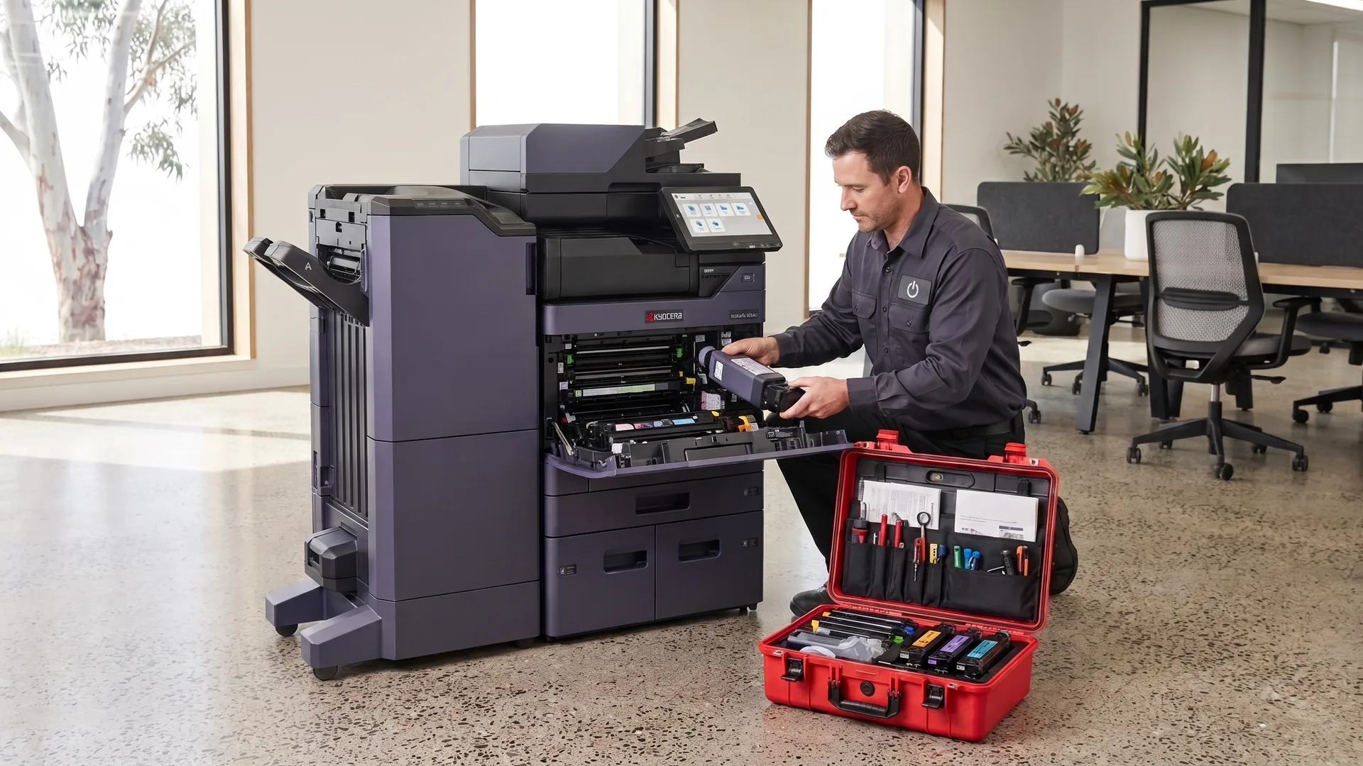 A Kyocera factory trained technician opens the front panel of a Kyocera MZ2501ci to swap a toner unit, with a red service case open at their feet