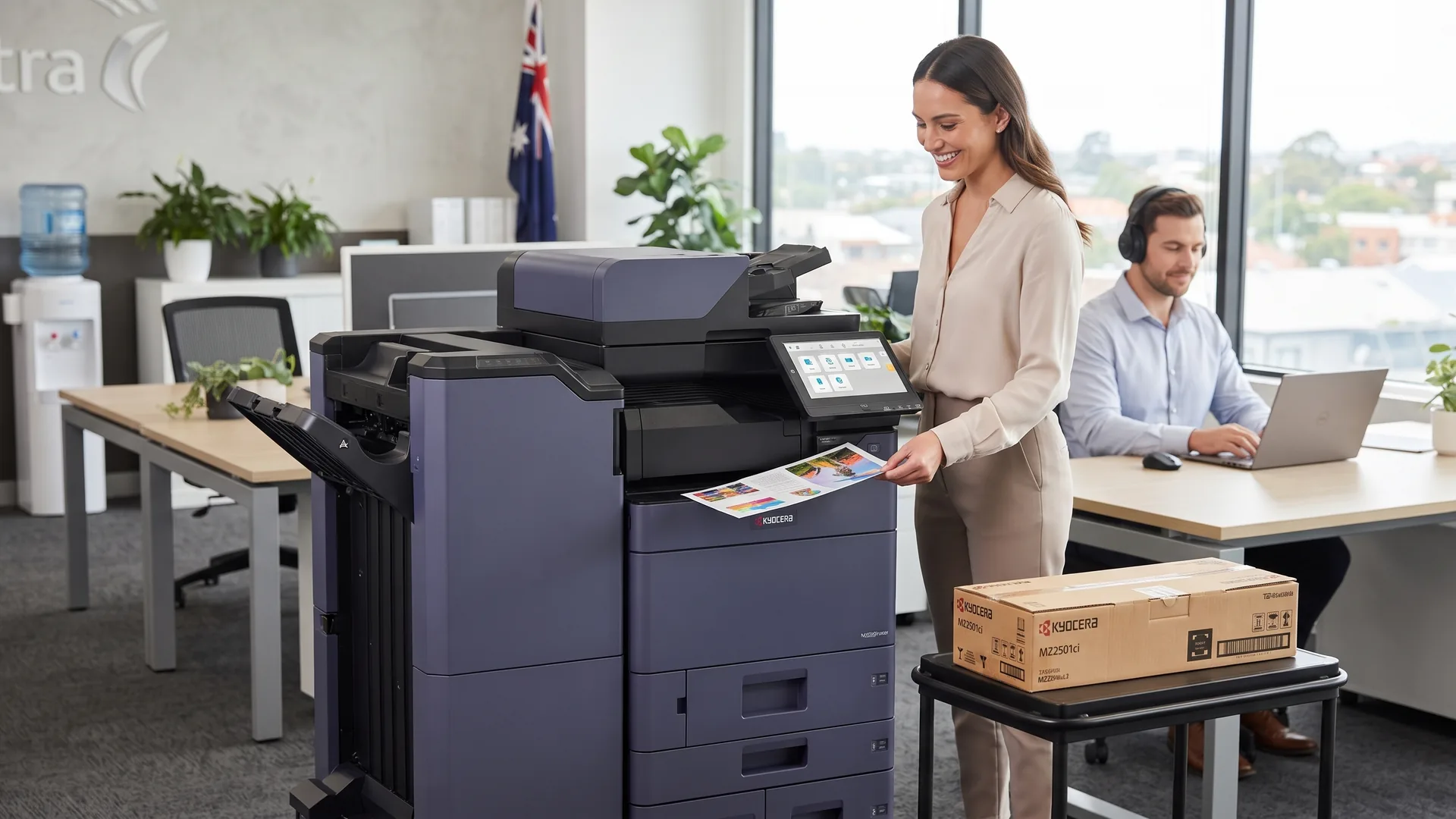 Kyocera MZ2501ci in an Australian open plan office with a staff member collecting a colour print and a freshly delivered toner box monitored by managed print