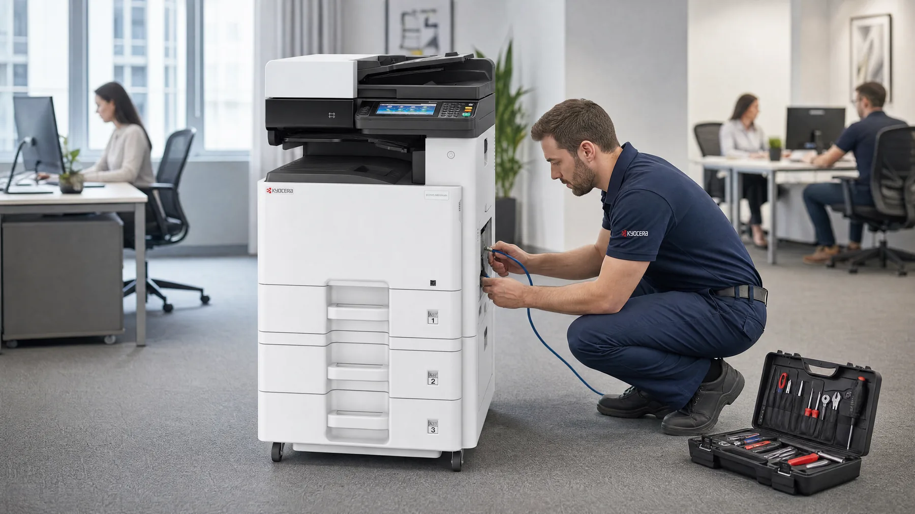 GDS technician installing a Kyocera multifunction printer in a client office while staff keep working