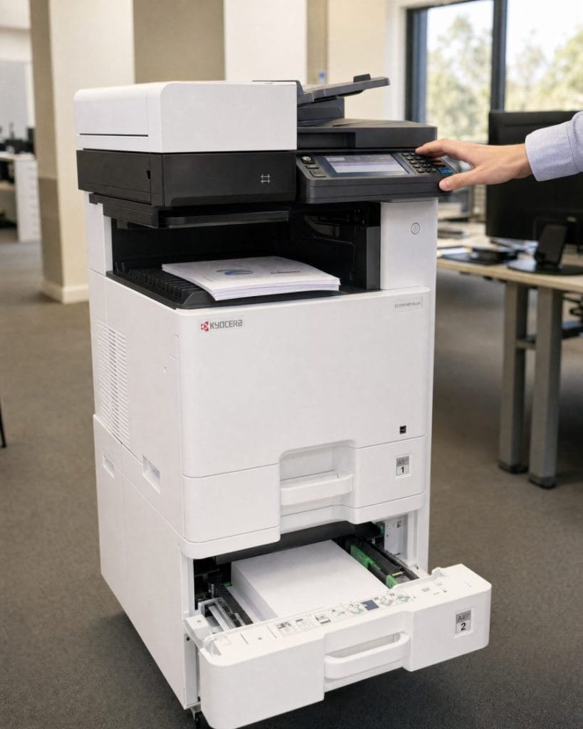 A busy Australian office with desks, screens and a multifunction printer
