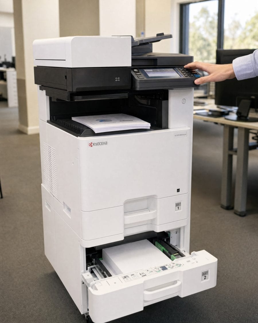 A busy Australian office with desks, screens and a multifunction printer