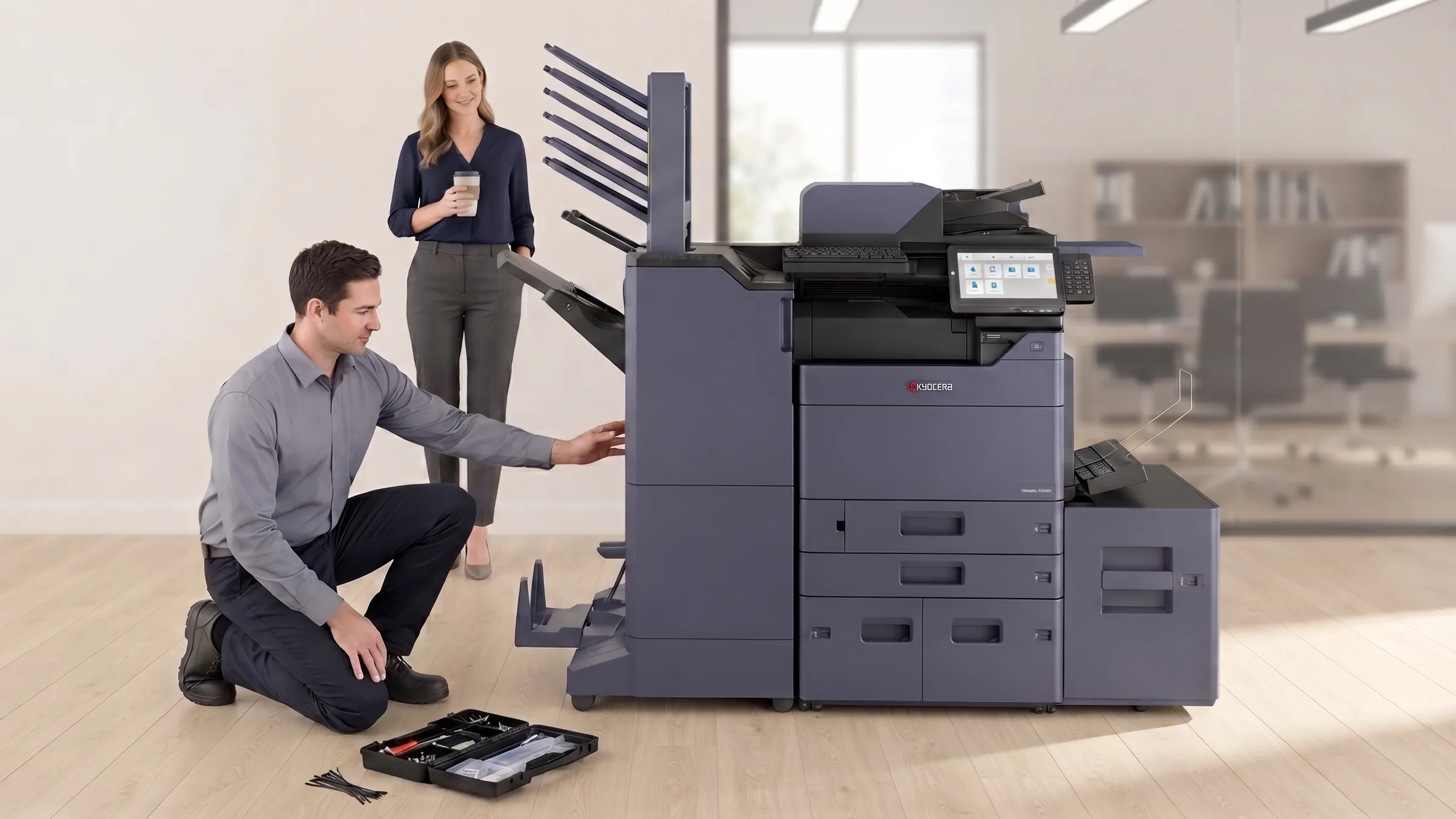 A technician servicing a leased Kyocera multifunction printer on site at an Australian accounting practice while a staff member waits nearby