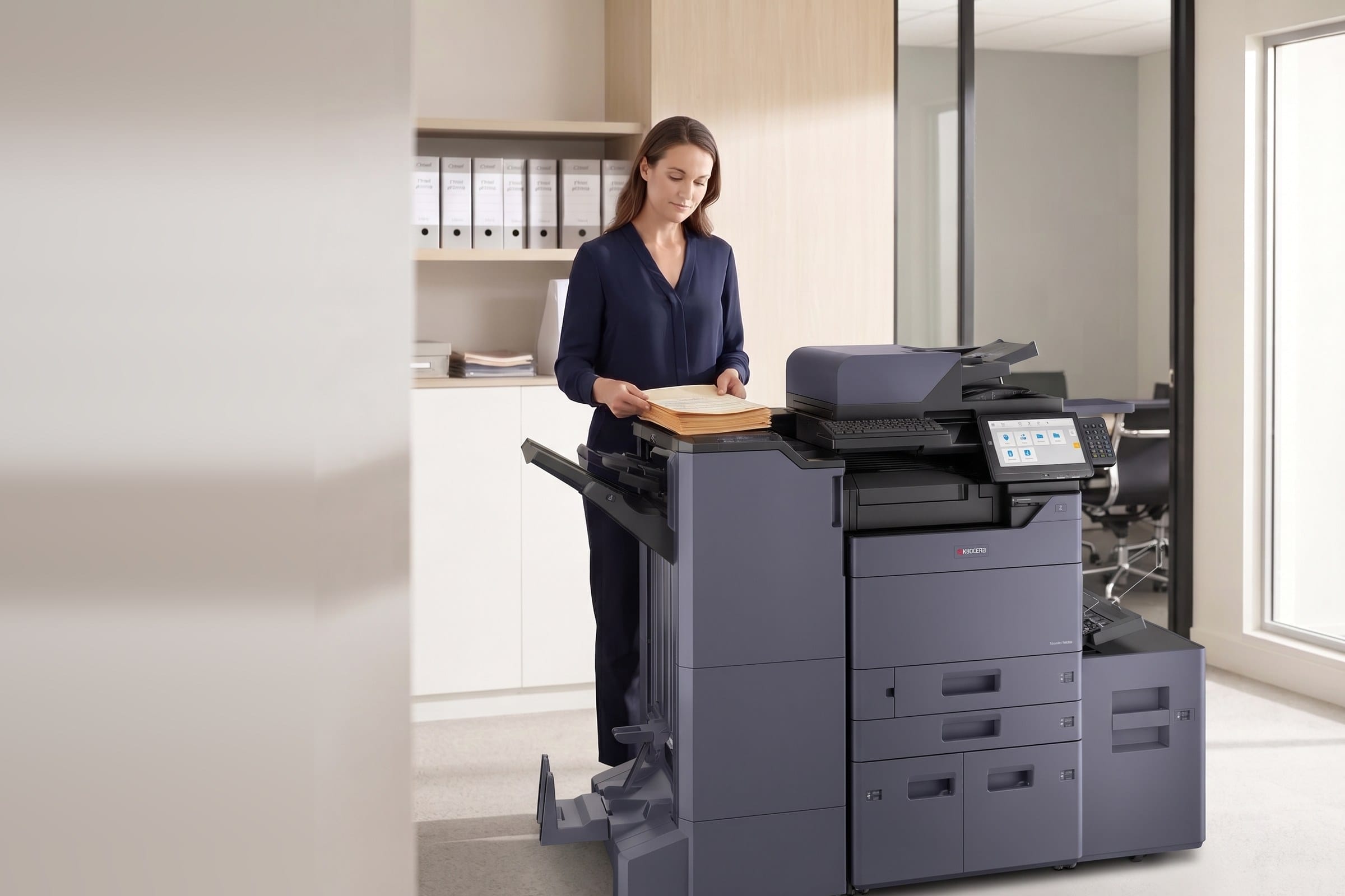 Accountant lifting a finished stack of client documents from a leased Kyocera multifunction printer in an Australian accounting practice