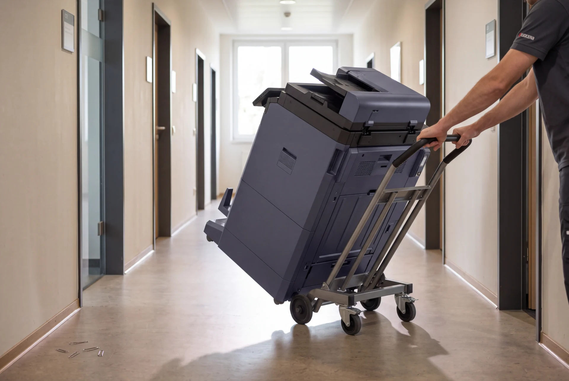 A Kyocera multifunction printer being wheeled out of an office on a trolley at the end of its lease.