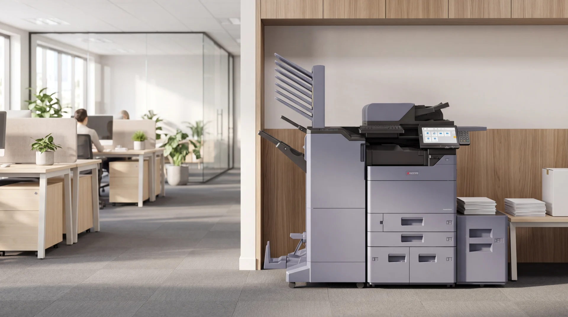 Kyocera A3 multifunction printer with finisher and side paper deck on rental in an Australian office