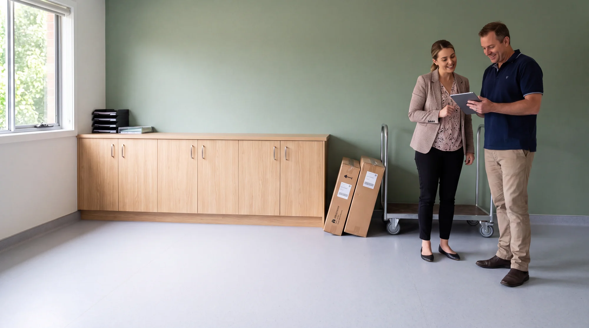 A delivery and install technician going through the install with a childcare centre director, with the machine still boxed beside them