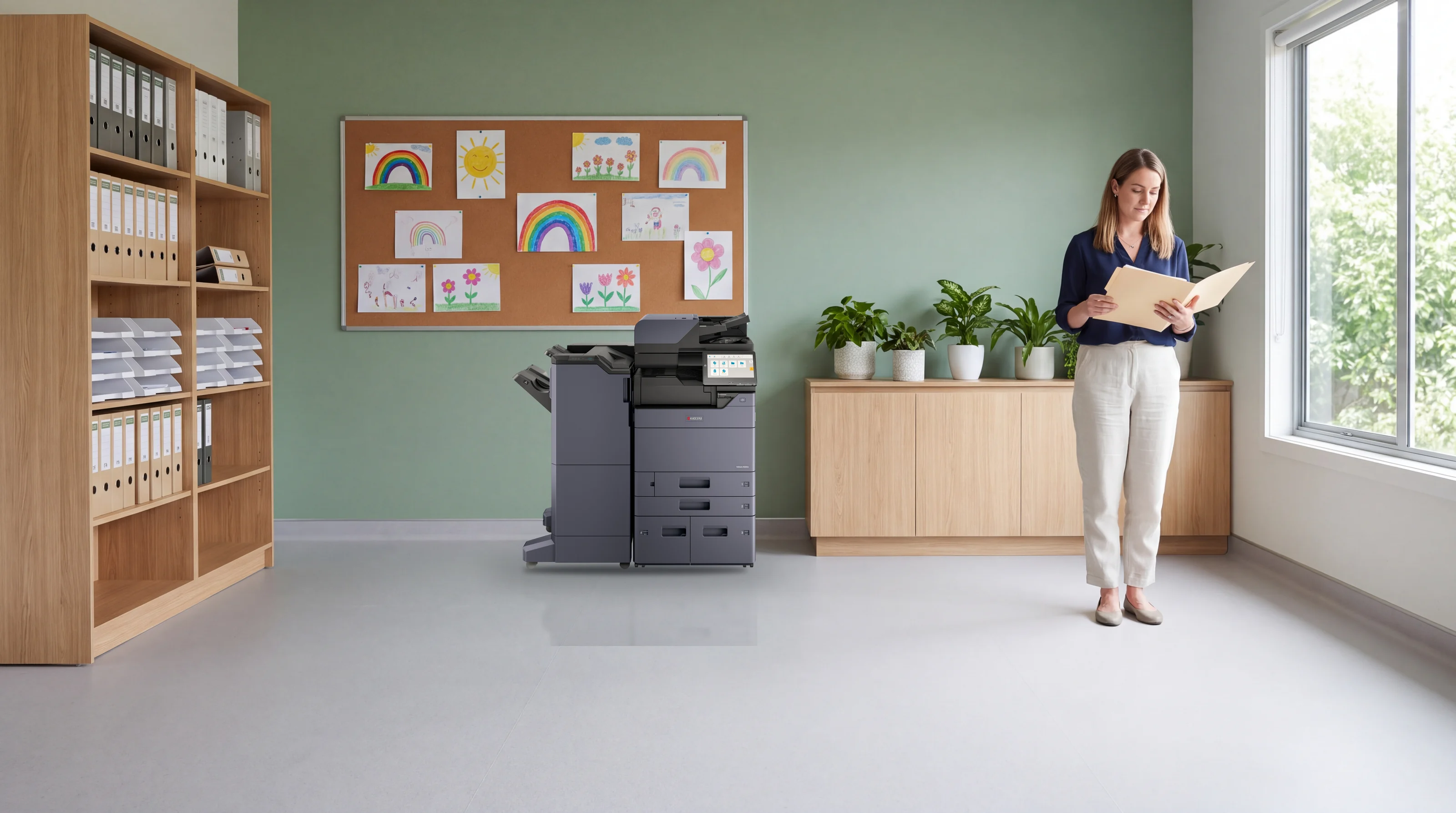 A centre director reading a folder beside a Kyocera TASKalfa multifunction printer in the office of an Australian childcare centre
