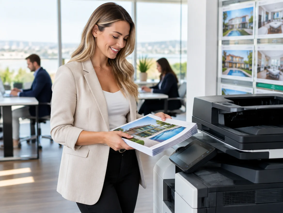 A property manager collecting freshly printed colour property brochures from the office printer
