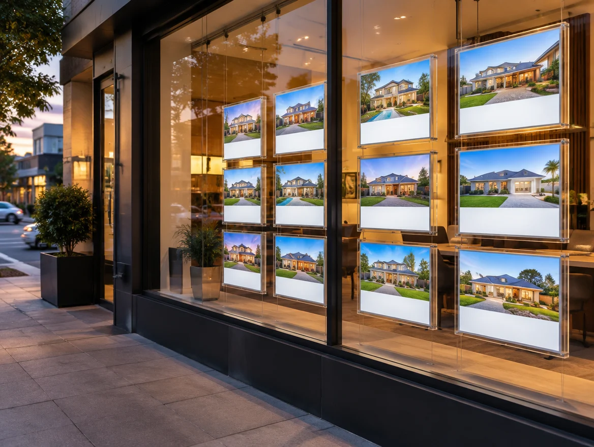 A real estate agency shopfront window lit at dusk with rows of colour property listing cards