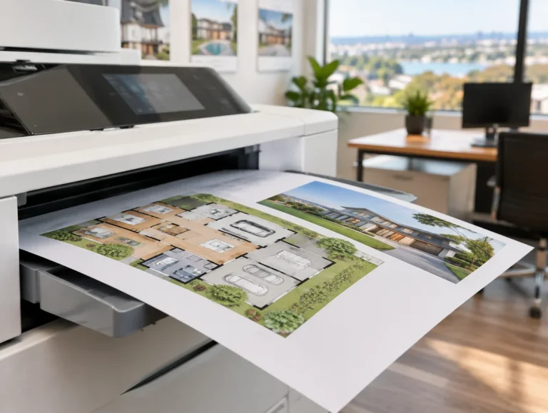 A colour A3 floor plan printing from an office multifunction printer in a real estate agency
