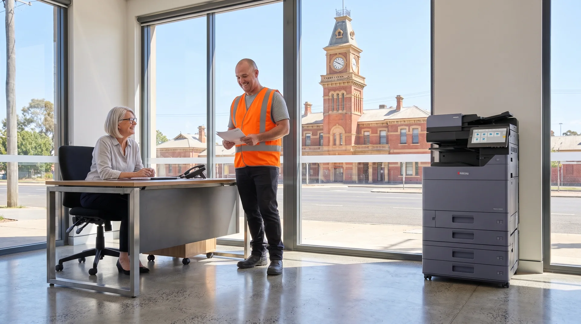 Albury freight office with a staff member in a high visibility vest holding consignment notes near a leased Kyocera photocopier, the railway station clock tower outside
