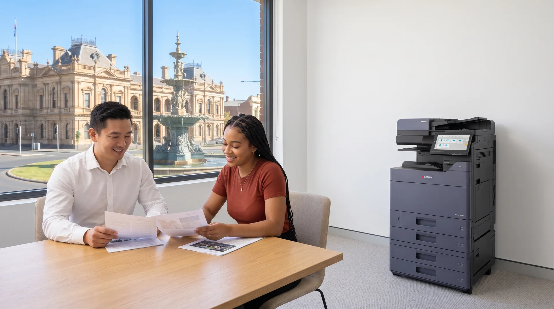 Two colleagues reviewing printed pages in a Bendigo meeting room with a leased Kyocera photocopier and the Alexandra Fountain outside