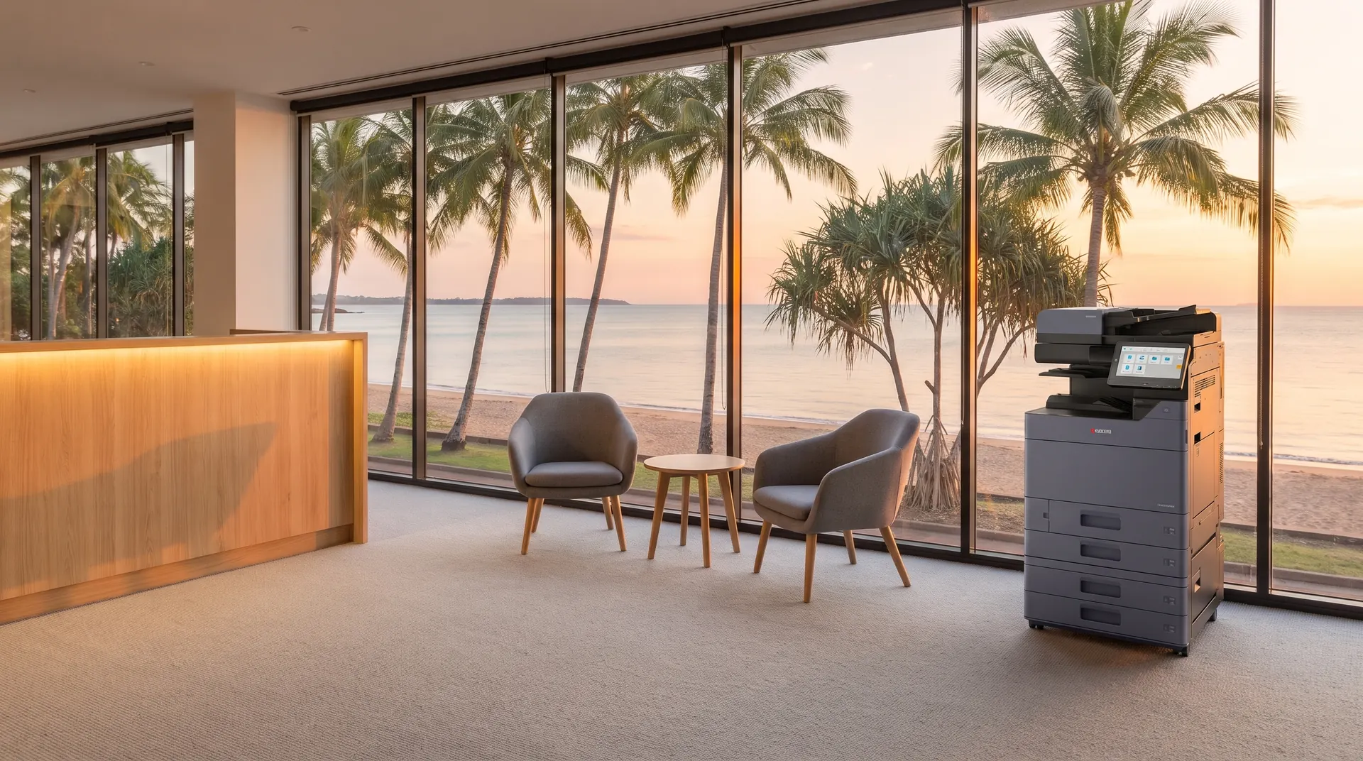 Kyocera photocopier on lease in a Darwin reception area overlooking palm trees and the beach at sunset