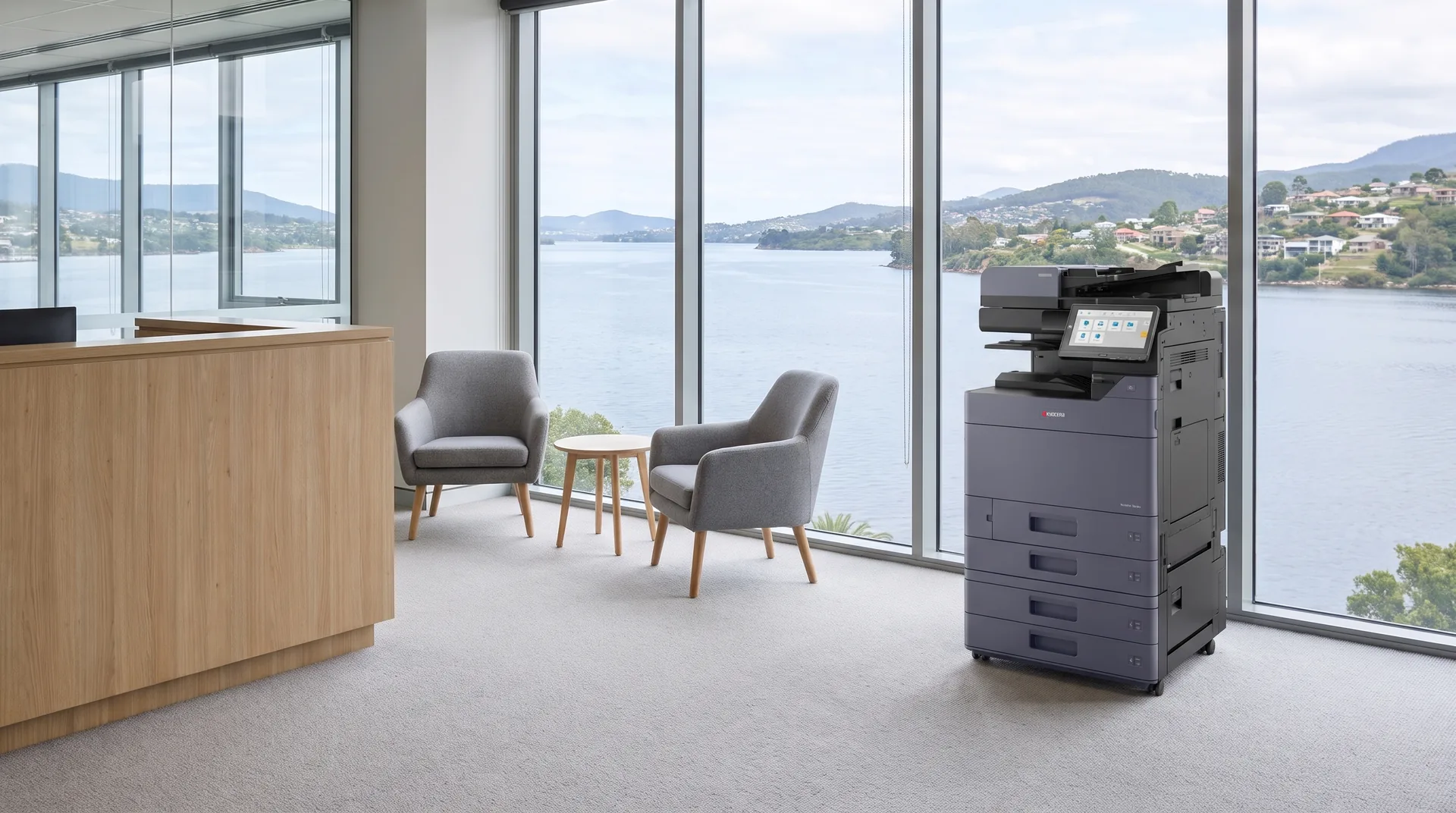 Kyocera photocopier on lease in a Hobart reception area looking across the River Derwent to the eastern shore