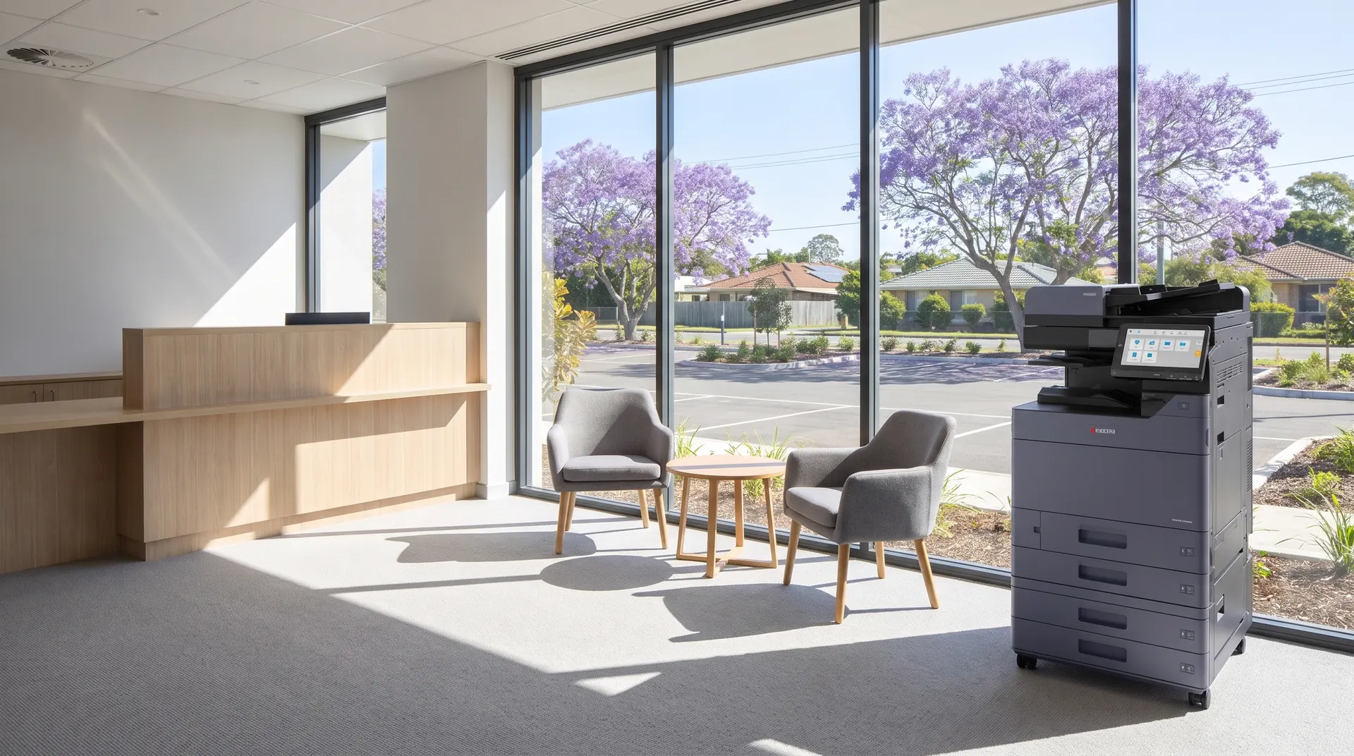 Kyocera photocopier on lease in the reception of a Logan medical centre overlooking jacaranda trees in purple bloom