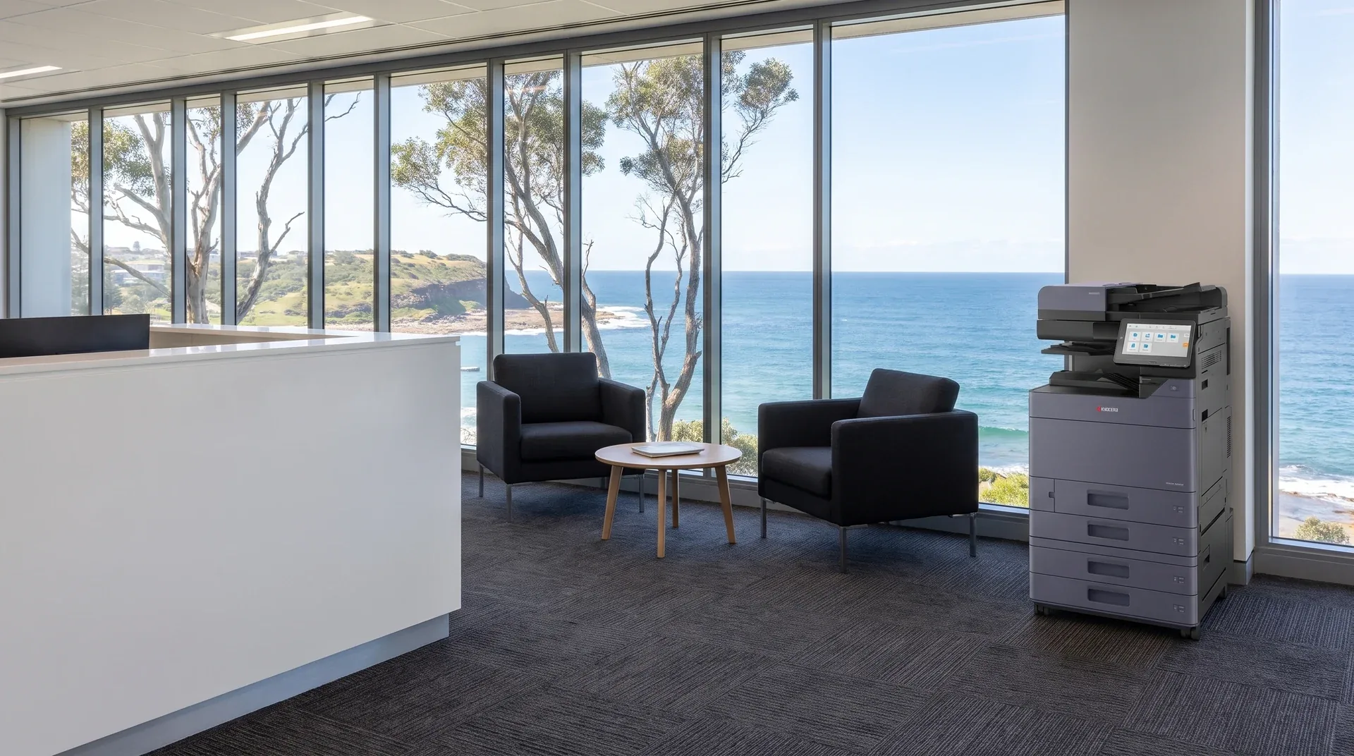 Kyocera photocopier on lease in a Newcastle reception area overlooking the coast