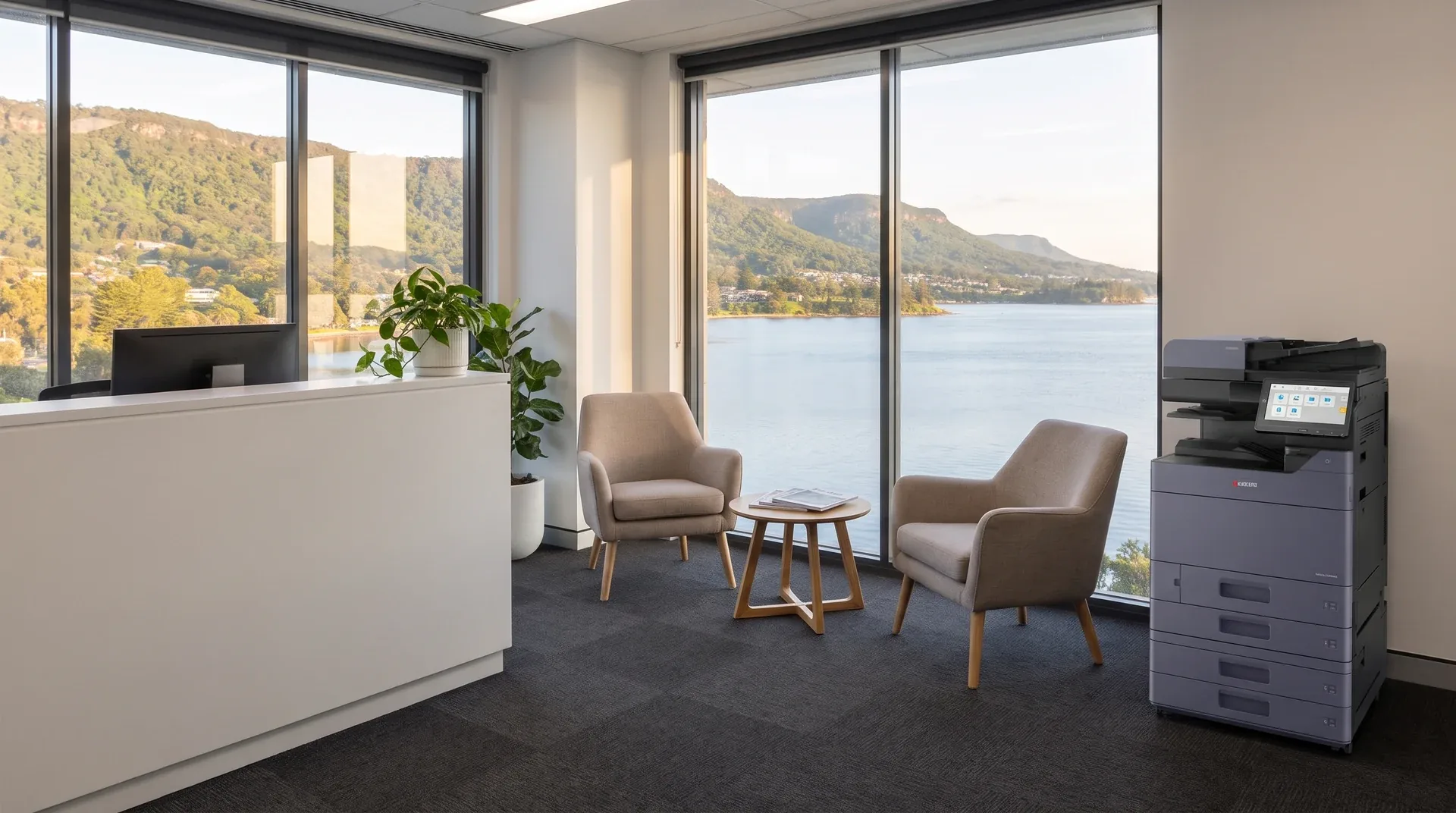 Kyocera photocopier on lease in a Wollongong reception area overlooking Lake Illawarra
