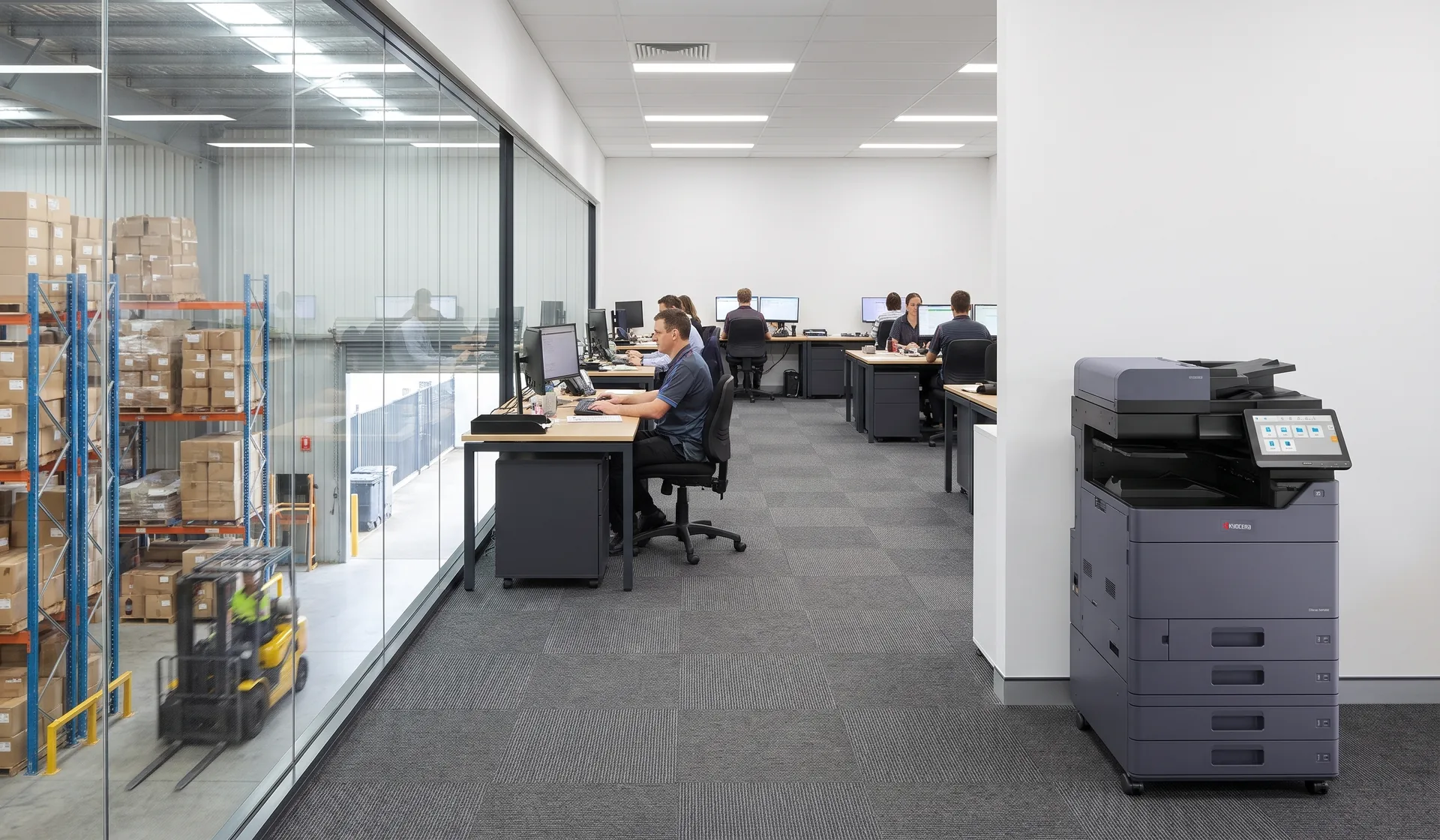 Kyocera multifunction printer in a Logan office beside a warehouse, with a glass wall looking onto pallet racking, cartons and a forklift
