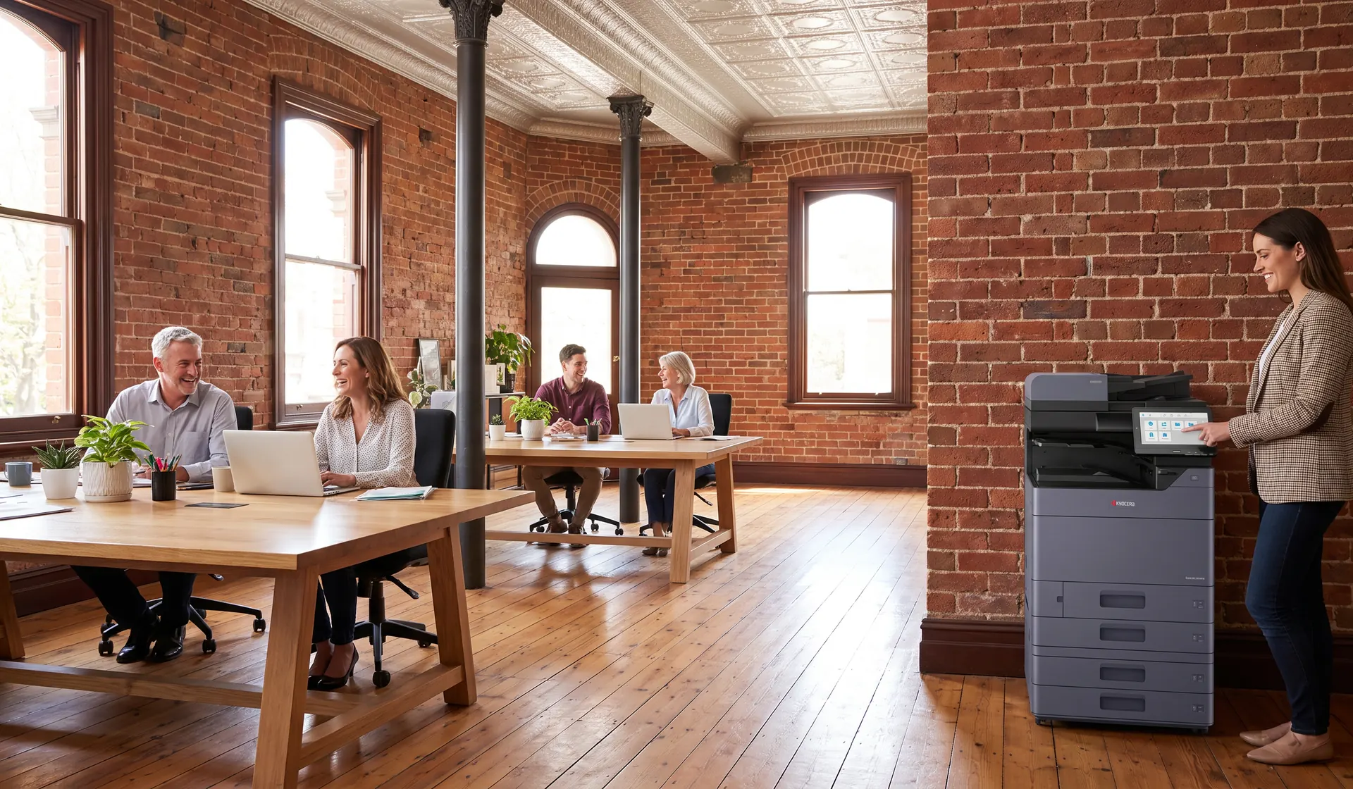 Smiling team in an open plan Bendigo office inside a restored red brick building with a Kyocera multifunction printer