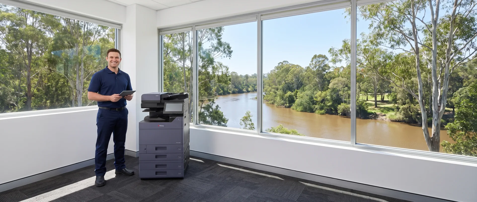 Service technician beside a Kyocera multifunction printer in a Logan office overlooking a wide river lined with gum trees