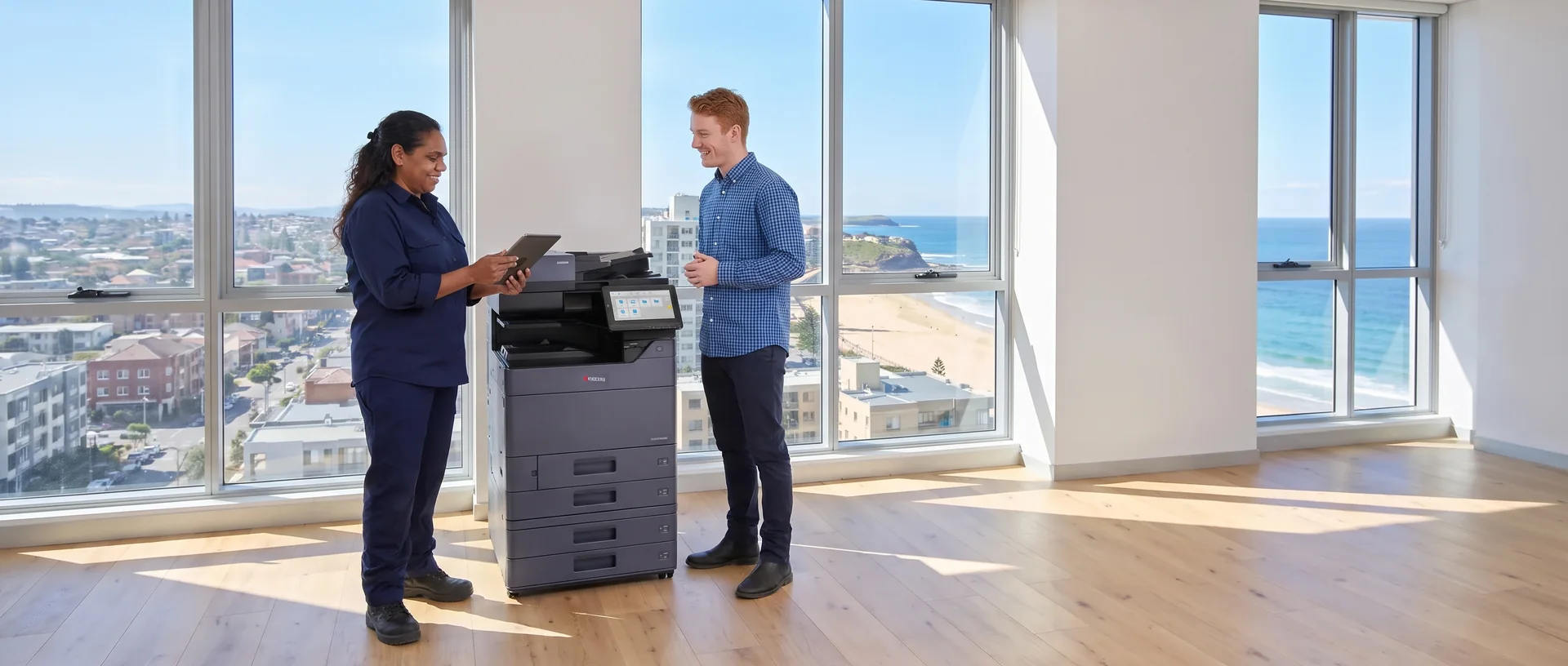 Technician showing a tablet to a young staff member beside a leased Kyocera printer in a Newcastle office with an ocean view
