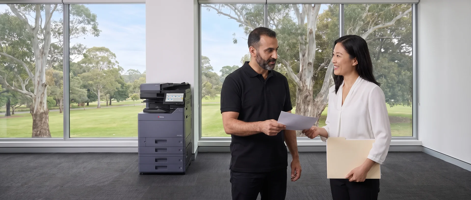Technician handing a document to a staff member beside a leased Kyocera printer in a Parramatta office overlooking a park
