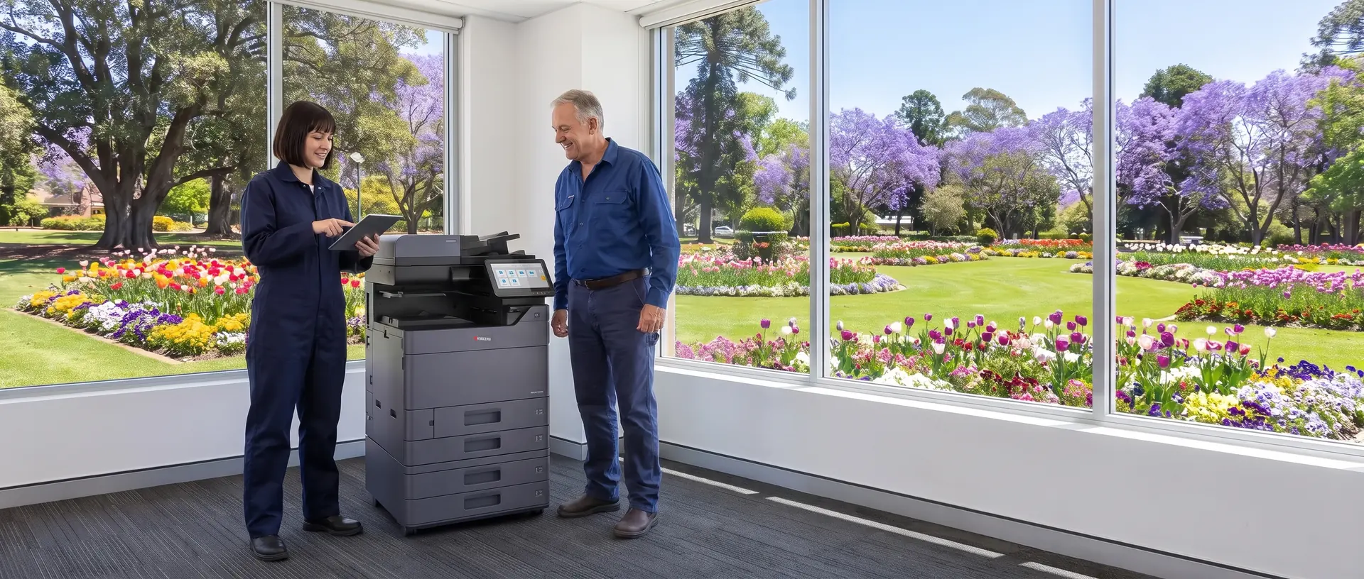 Technician explaining a tablet to a smiling business owner beside a leased Kyocera printer in a Toowoomba office overlooking a flower garden