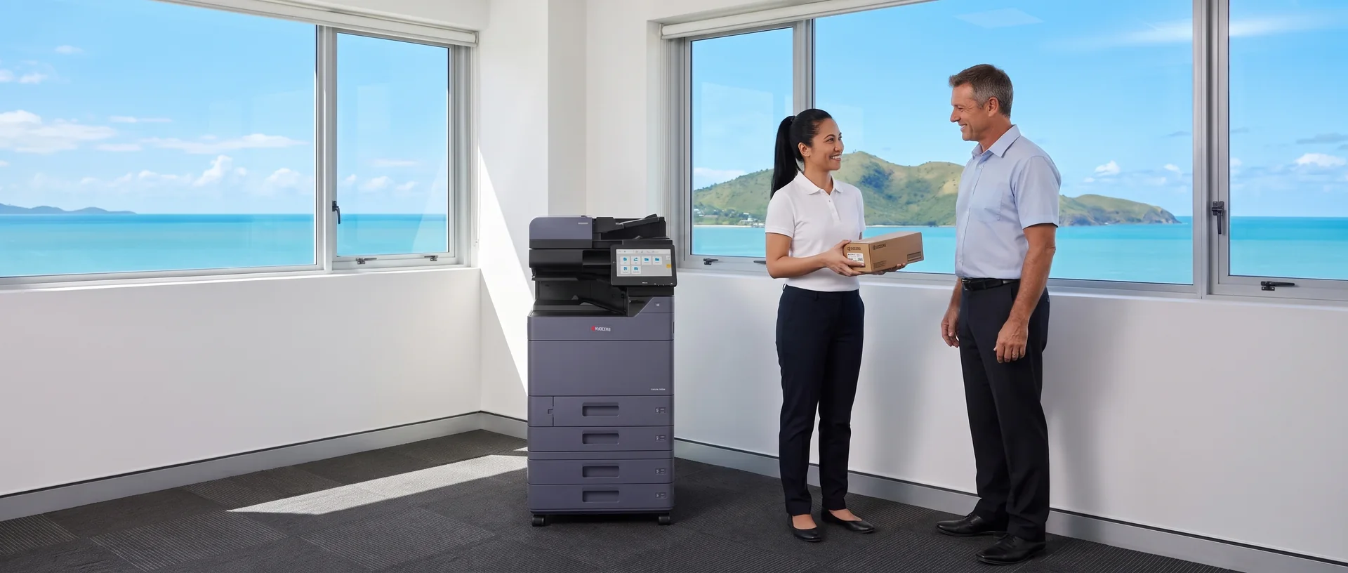 Technician holding a toner box talking with a business owner beside a leased Kyocera printer in a Townsville office facing Magnetic Island
